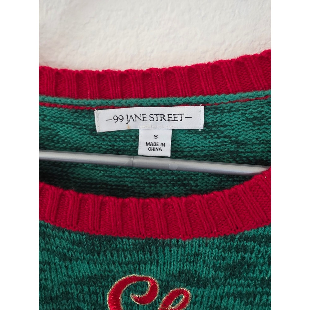 99 Jane Street Meowy Christmas Cat Sweater Green Sequin Jingle Bell Small - Picture 9 of 9